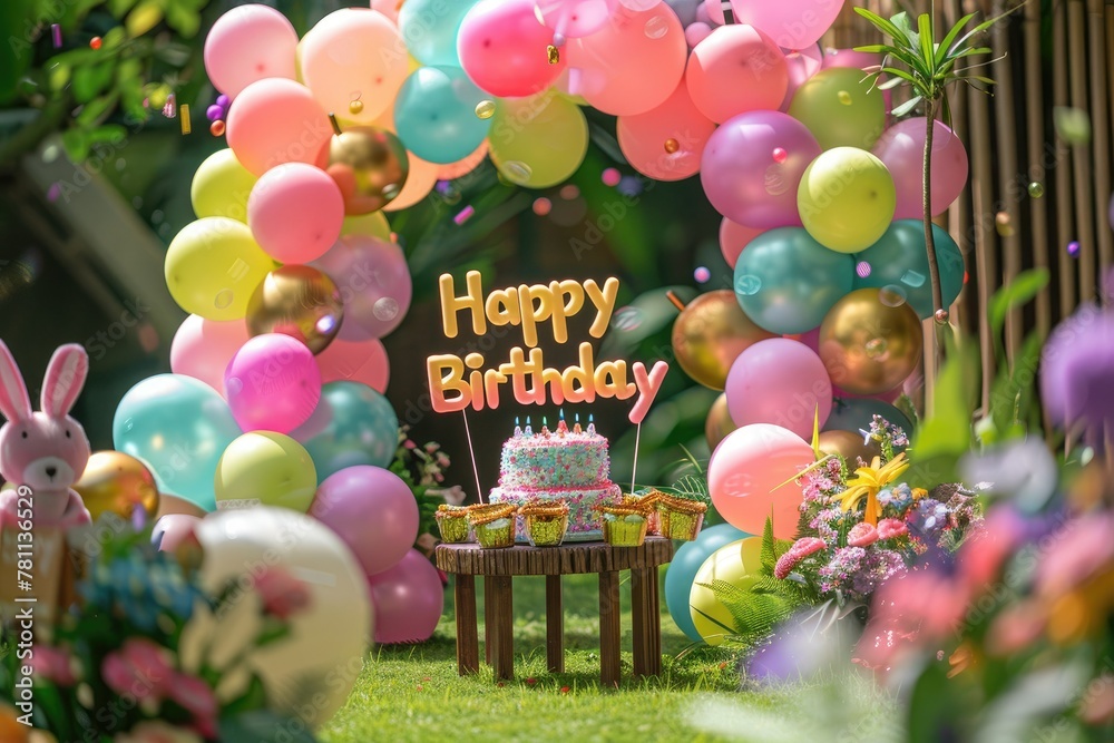 A birthday party with balloons and a birthday cake on the table ...